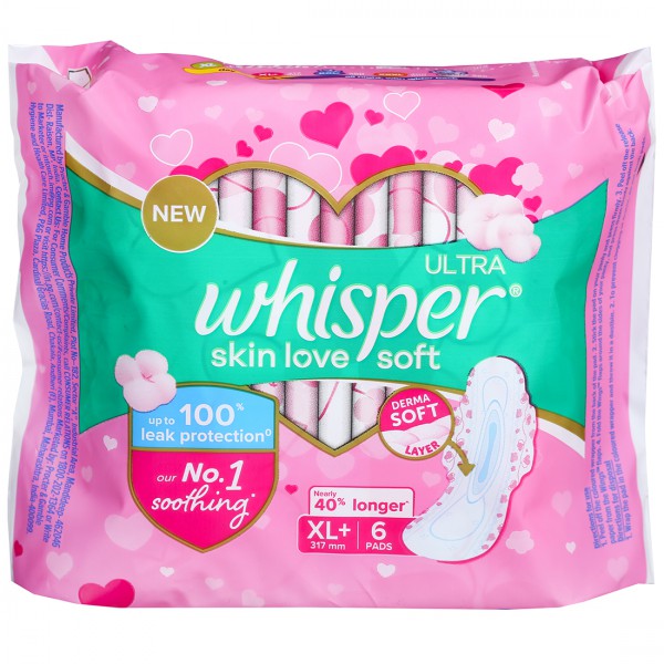 Whisper Ultra Skin Love Soft Sanitary Pads – XL+ (317 mm), 6 Pads